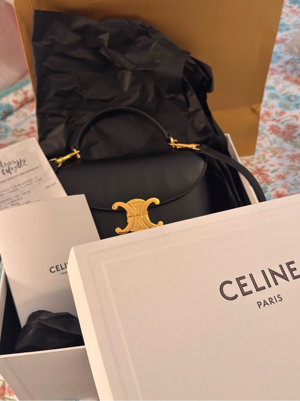 Celine Black Leather Top-Handle Satchel with Gold Triomphe Clasp. Full set.